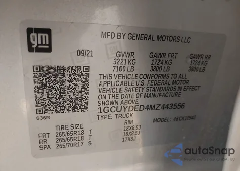 2021 Chevrolet Silverado 1500 4Wd Short Bed Lt z USA, uszkodzony, nr VIN 1GCUYDED4MZ443556